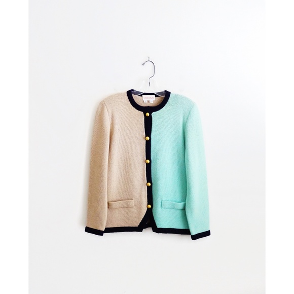 Vintage Sweaters - Vintage Tan Pistachio Navy Blue Cardigan sz 8